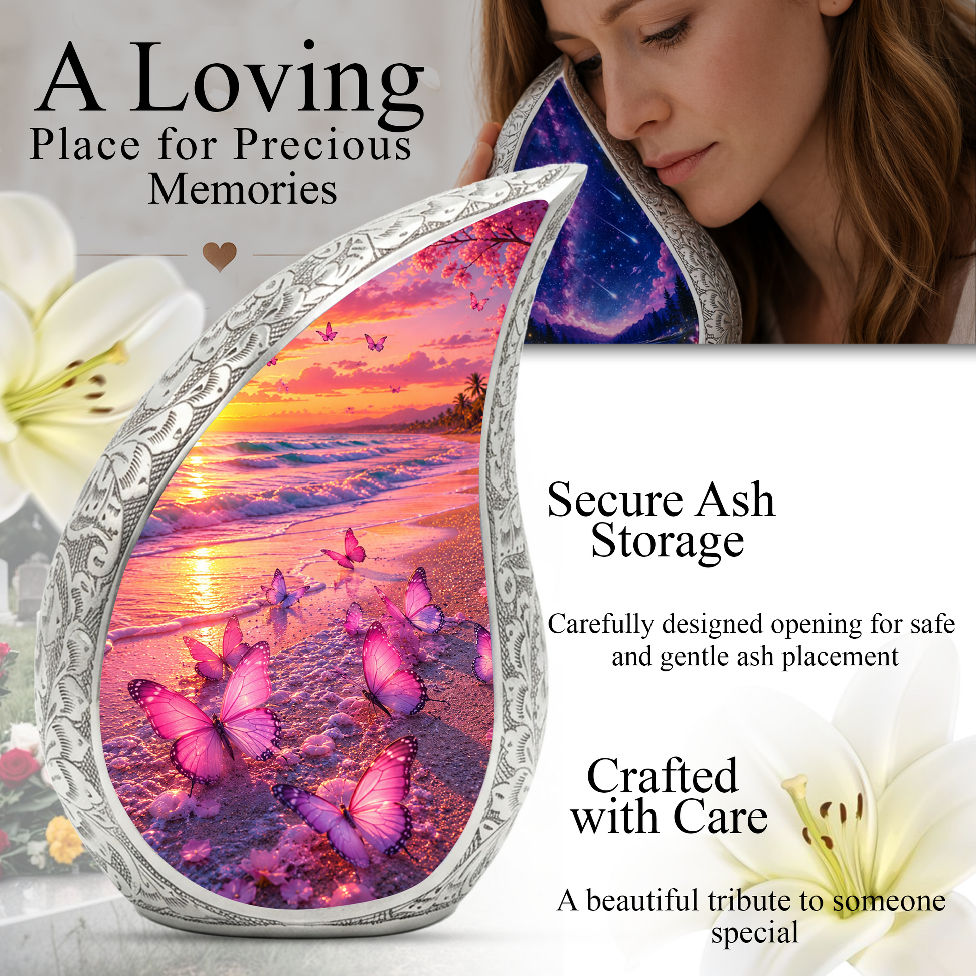 Butterfly Beach Memorial Urn for Ashes, Adult Cremation Urn