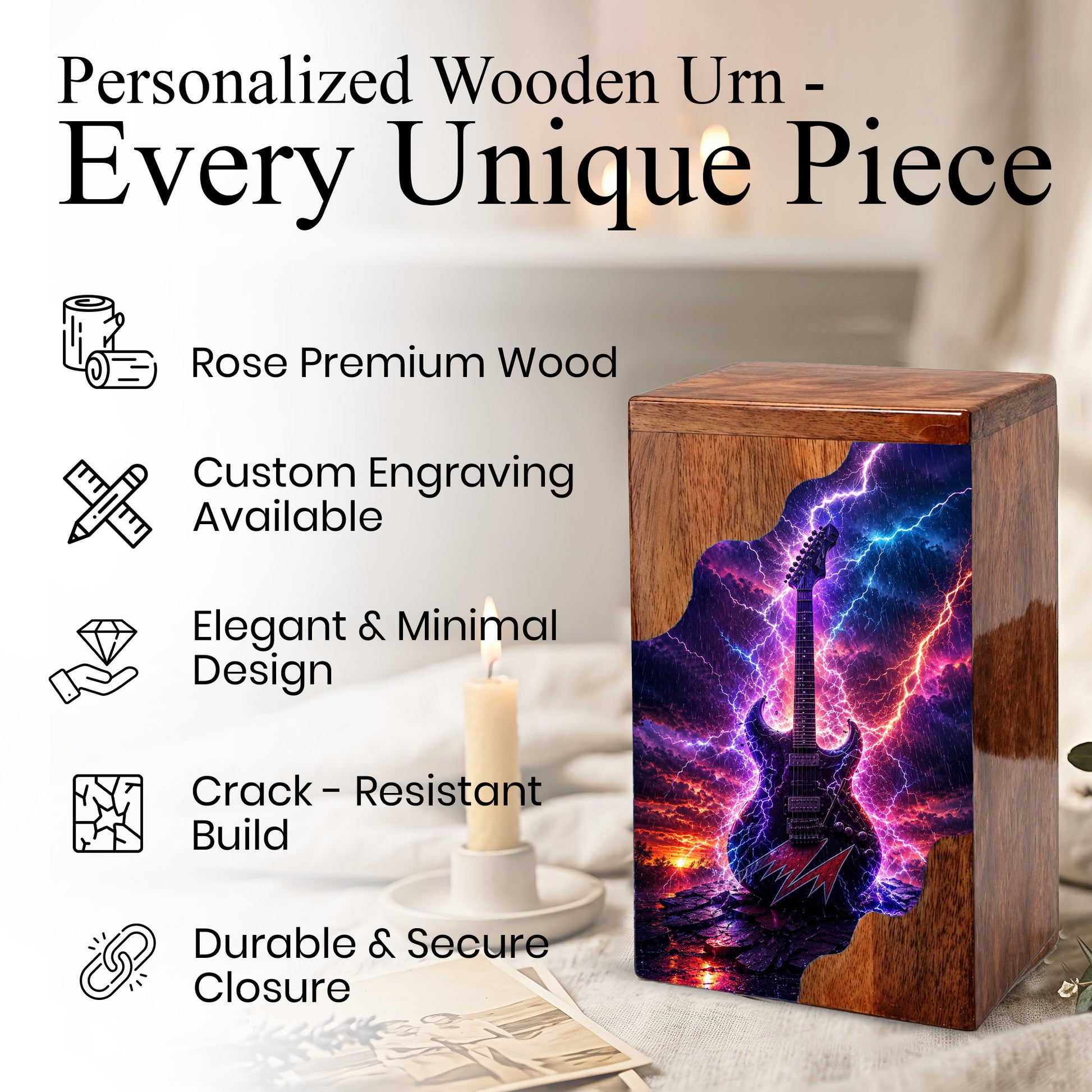 Guitar Wooden Cremation Urn for Human Ashes | Personalized Music Memorial Urn