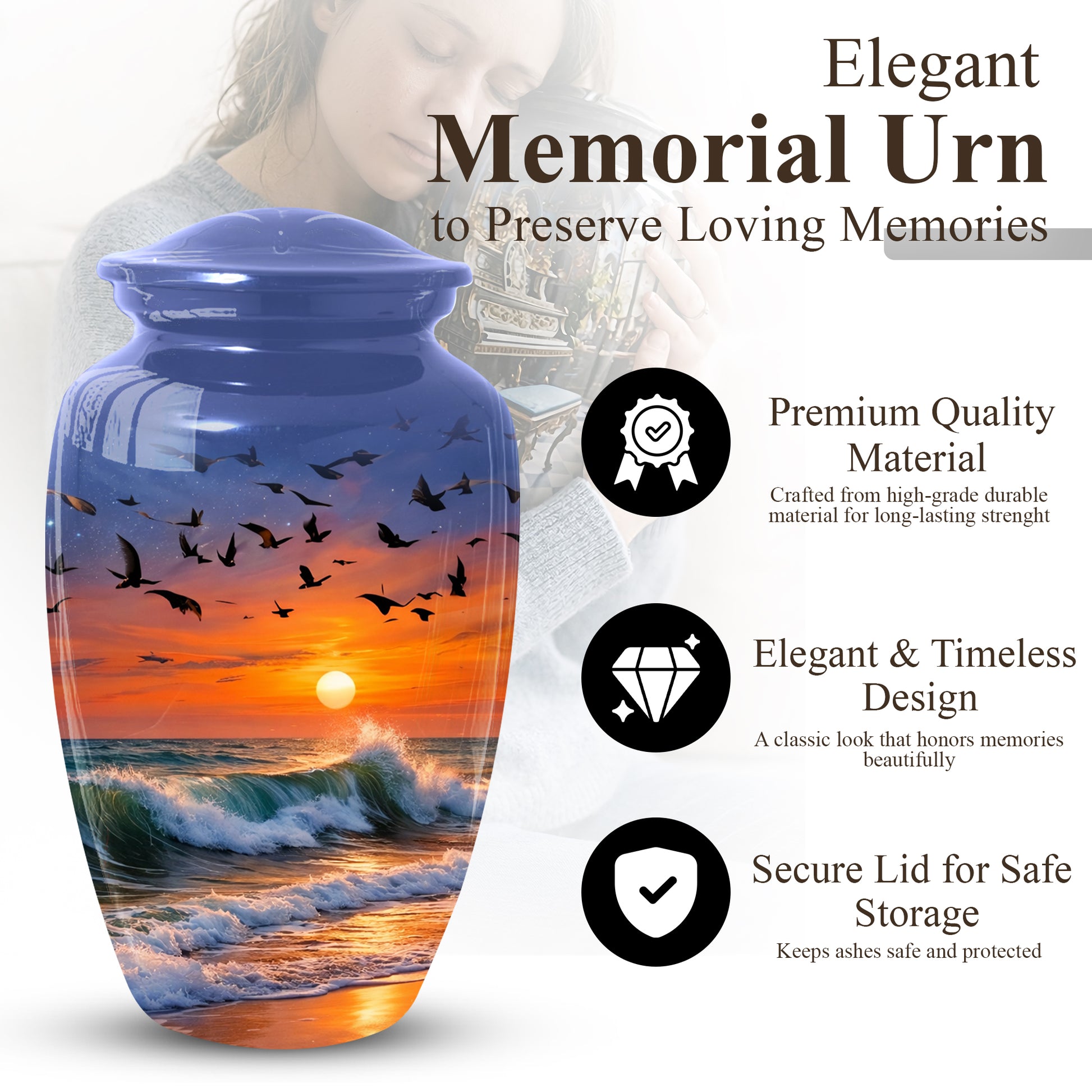 Ocean Sunset Urn for Mom | Beach Cremation Large Urn for Mother  | Coastal Funeral Urn for Human Ashes