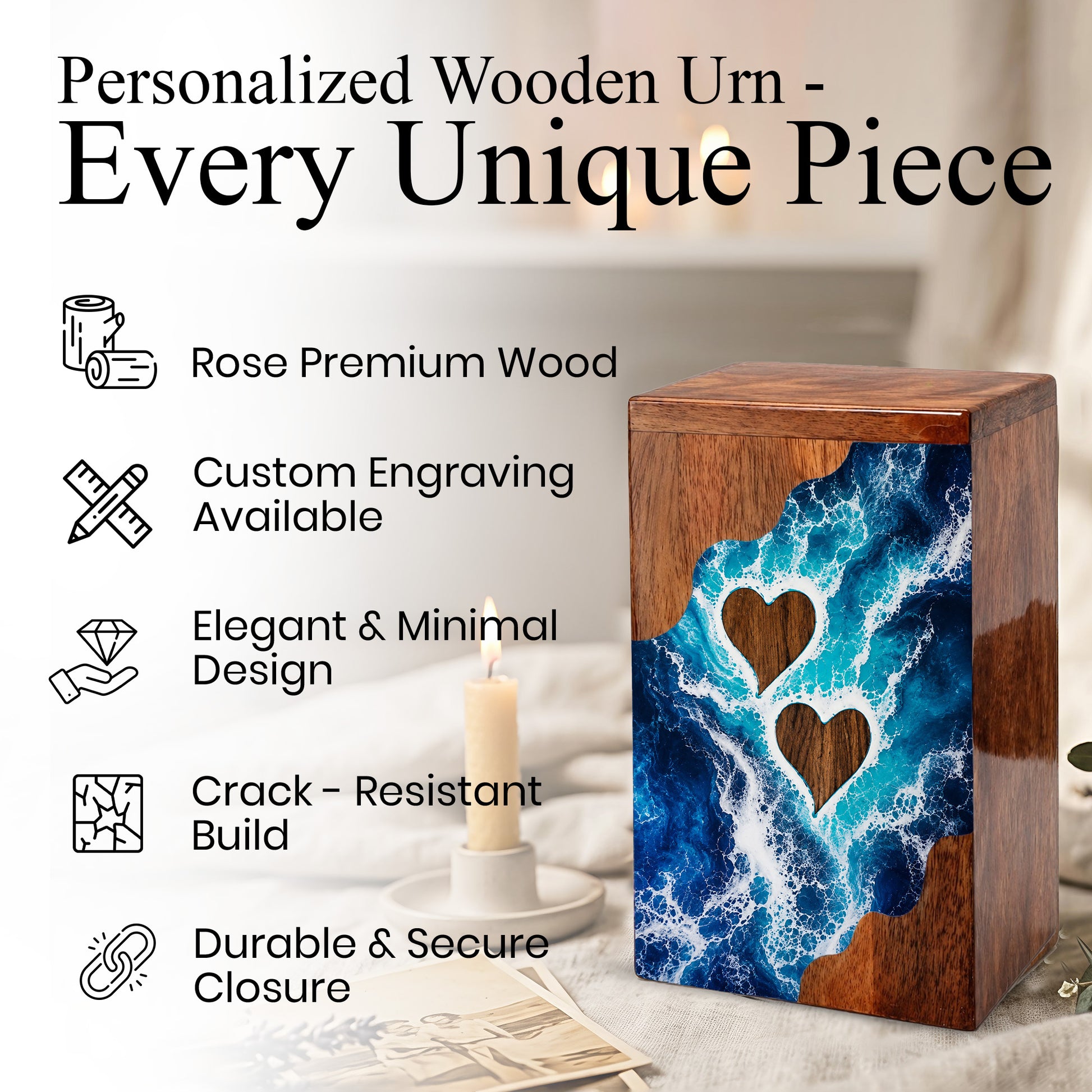 Ocean Heart Wooden Cremation Urn – Wooden Urn for Human Ashes