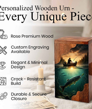 Personalized Wooden Cremation Urn – Fishing Memorial Urn | Gone Fishing Wooden Urn for Dad