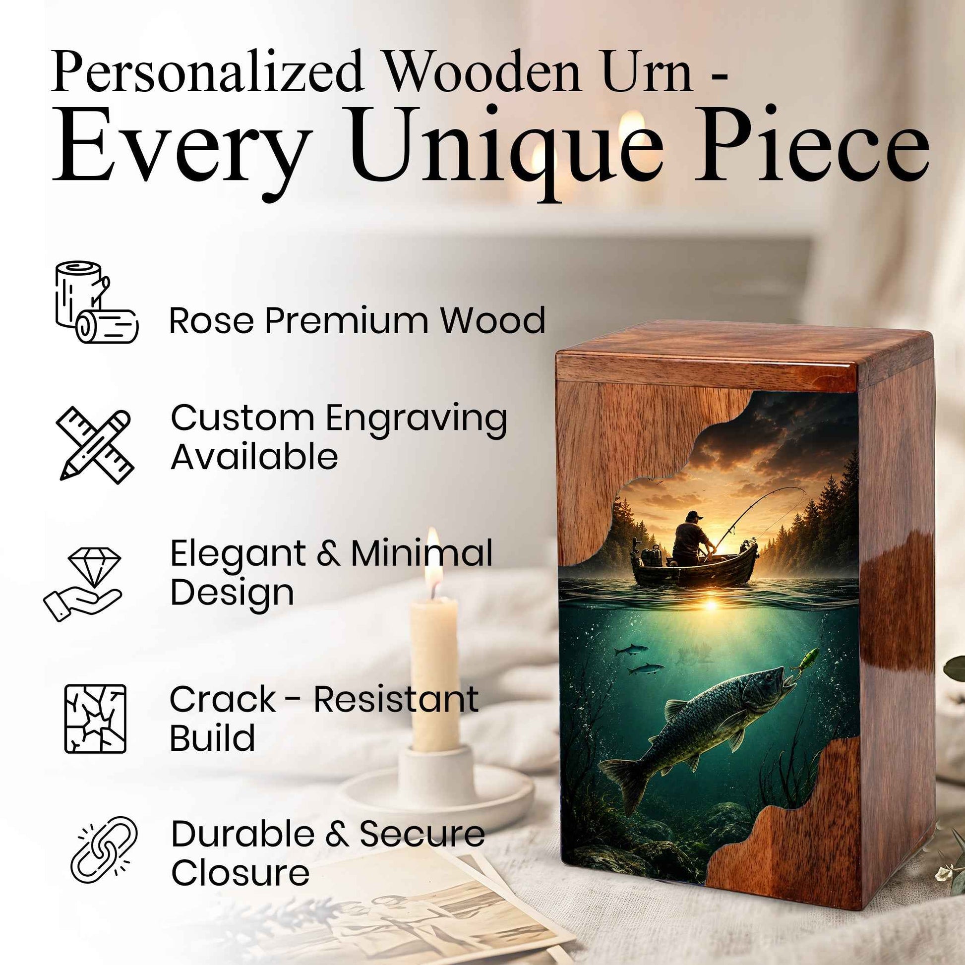 Personalized Wooden Cremation Urn – Fishing Memorial Urn | Gone Fishing Wooden Urn for Dad