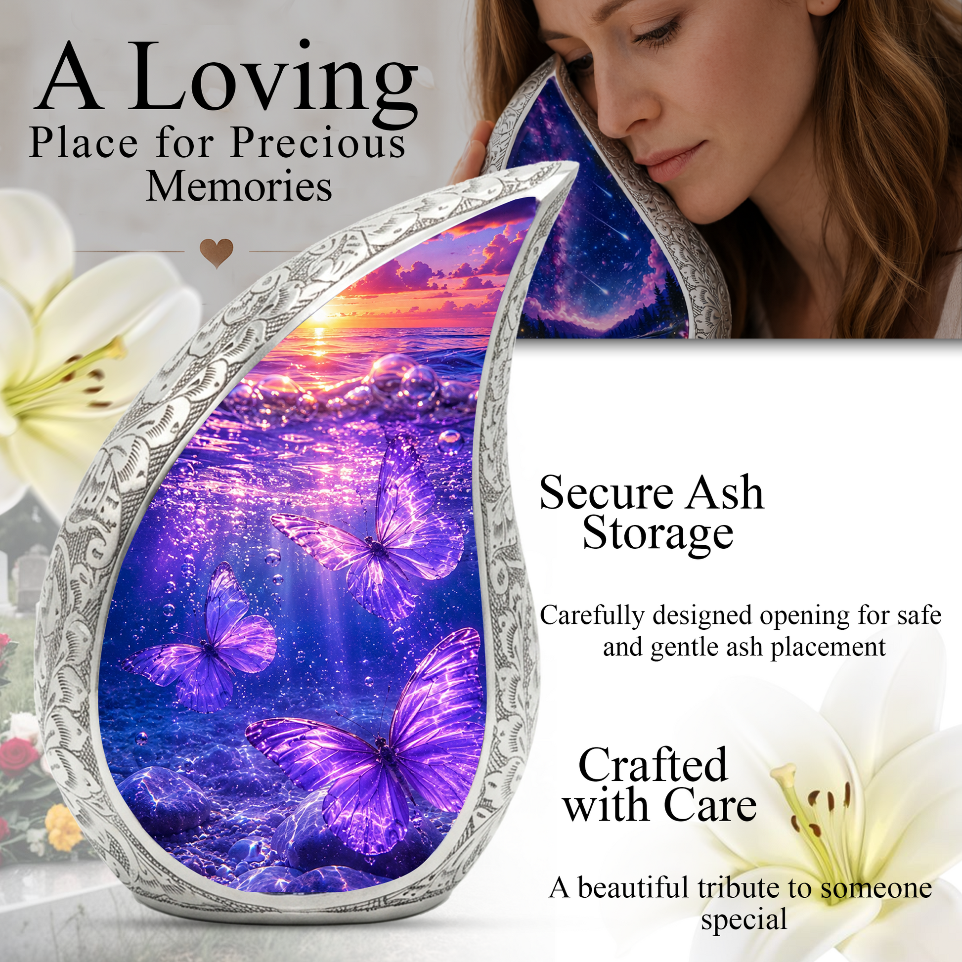 Purple Butterfly Memorial Urn for Mom, Butterfly Cremation Urn for Ashes