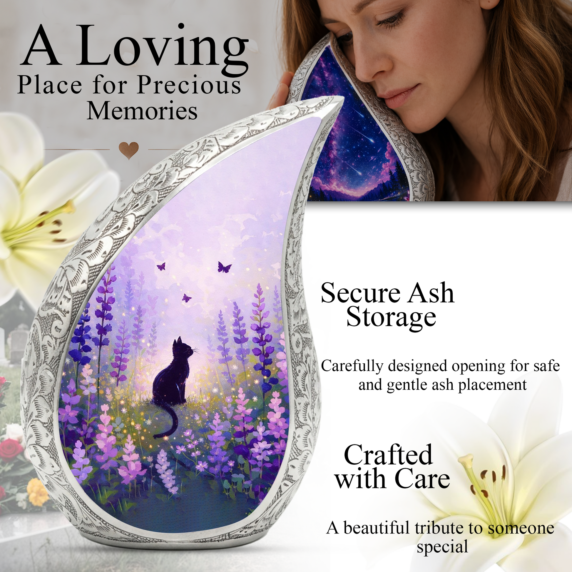 Personalized Cat Urn for Ashes – Floral Cat Memorial Urn | Keepsake Cat Cremation Urn for Pet Ashes