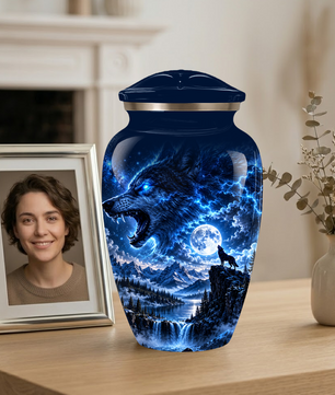 Personalized Adult Cremation Urn for Ashes, Blue Lightning Wolf Memorial Urn, Custom Wolf Howling at Moon Urn