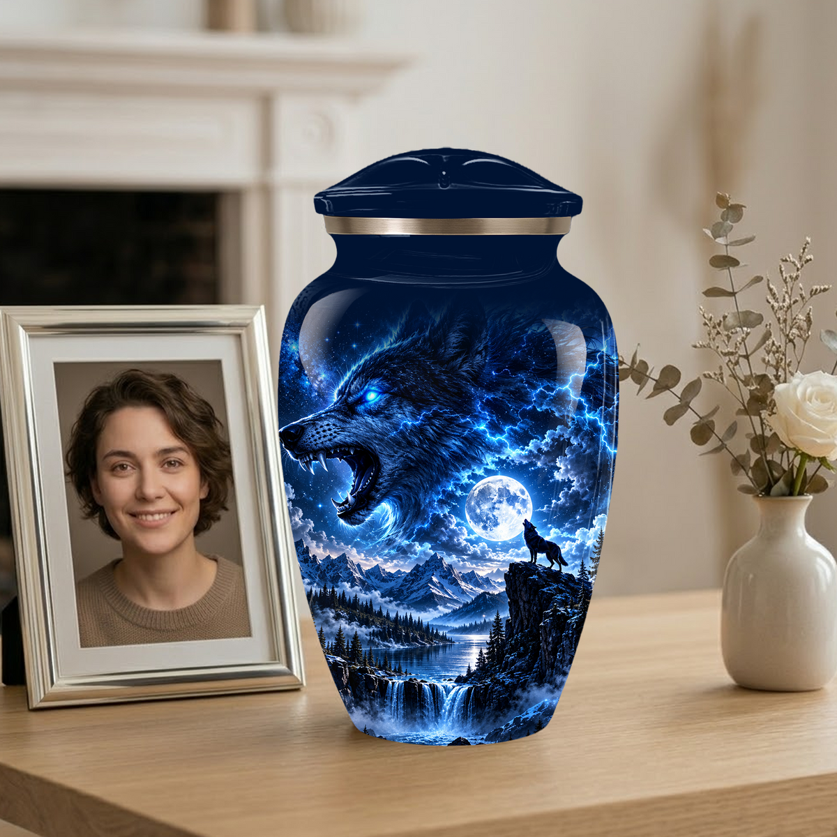 Personalized Adult Cremation Urn for Ashes, Blue Lightning Wolf Memorial Urn, Custom Wolf Howling at Moon Urn