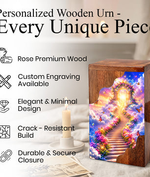 Heavenly Garden Gate Wooden Cremation Urn – Personalized Memorial Urn for Human Ashes