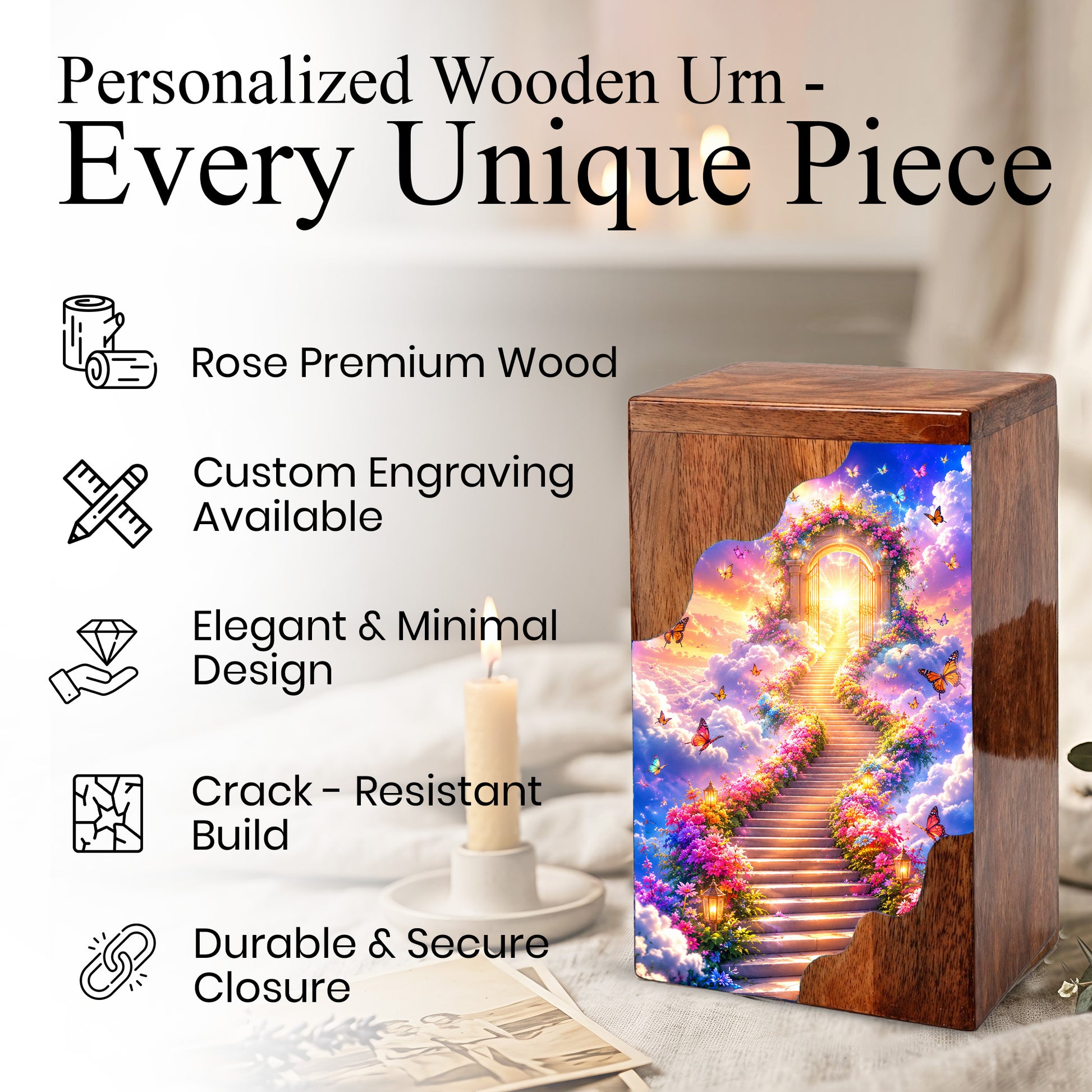 Heavenly Garden Gate Wooden Cremation Urn – Personalized Memorial Urn for Human Ashes