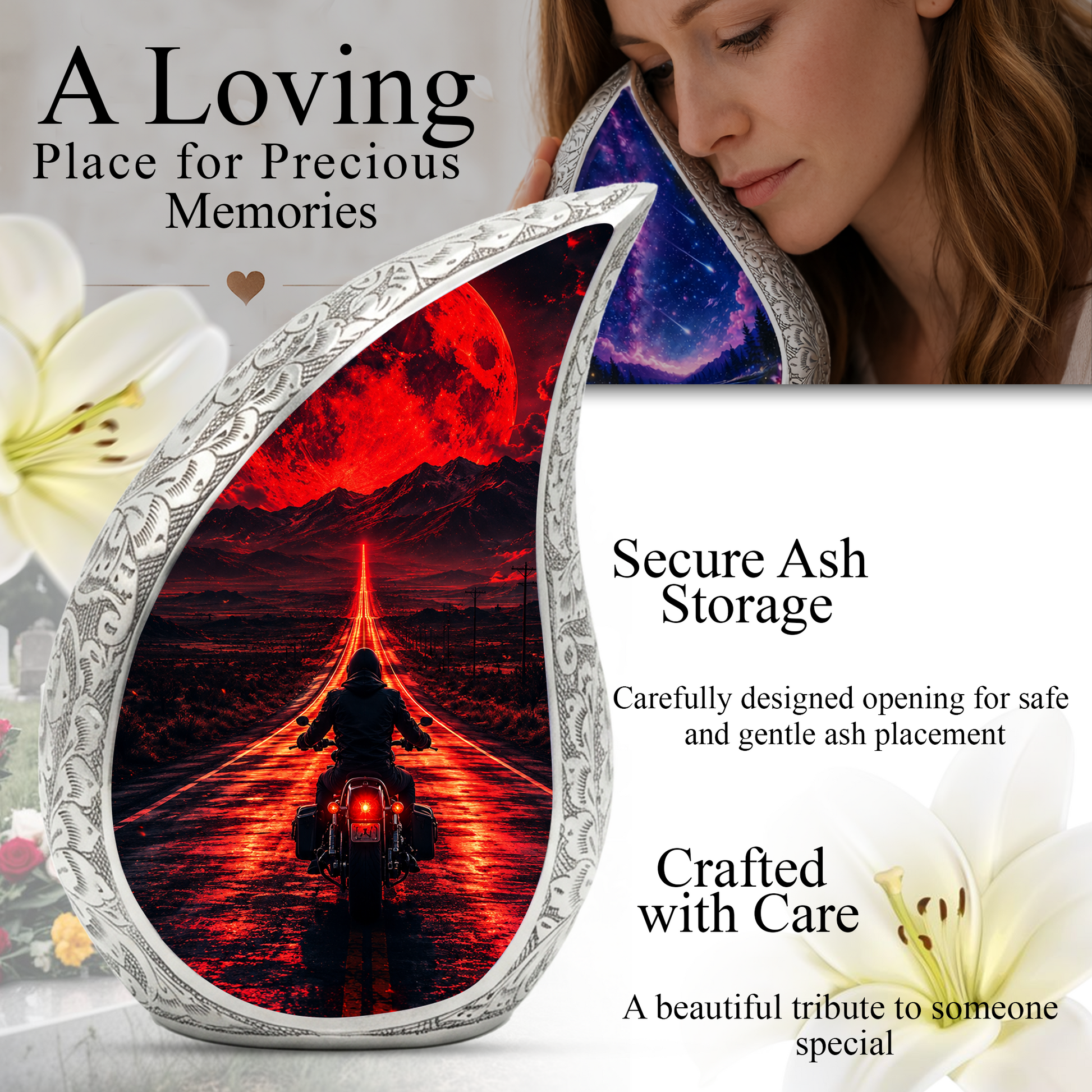 Motorcycle Rider Urn for Adult Ashes – Patriotic Motorcycle Memorial Cremation Urn for Dad