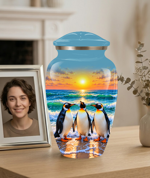 , Penguin Beach Sunset Memorial Urn, Ocean-Themed Urn for Human Ashes