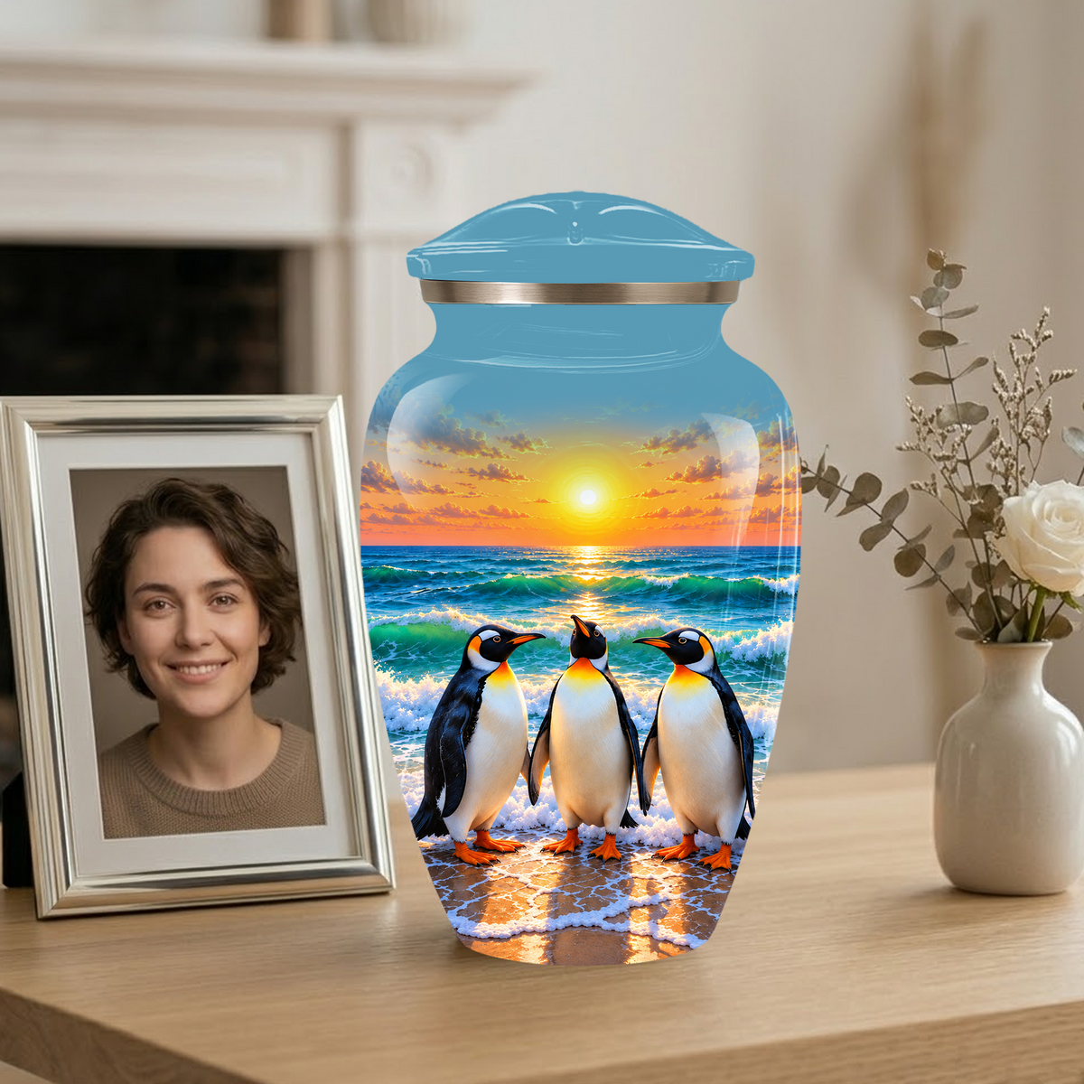 , Penguin Beach Sunset Memorial Urn, Ocean-Themed Urn for Human Ashes