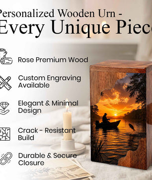 Sunset Fishing Wooden Cremation Urn – Gone Fishing Memorial Urn for Human Ashes