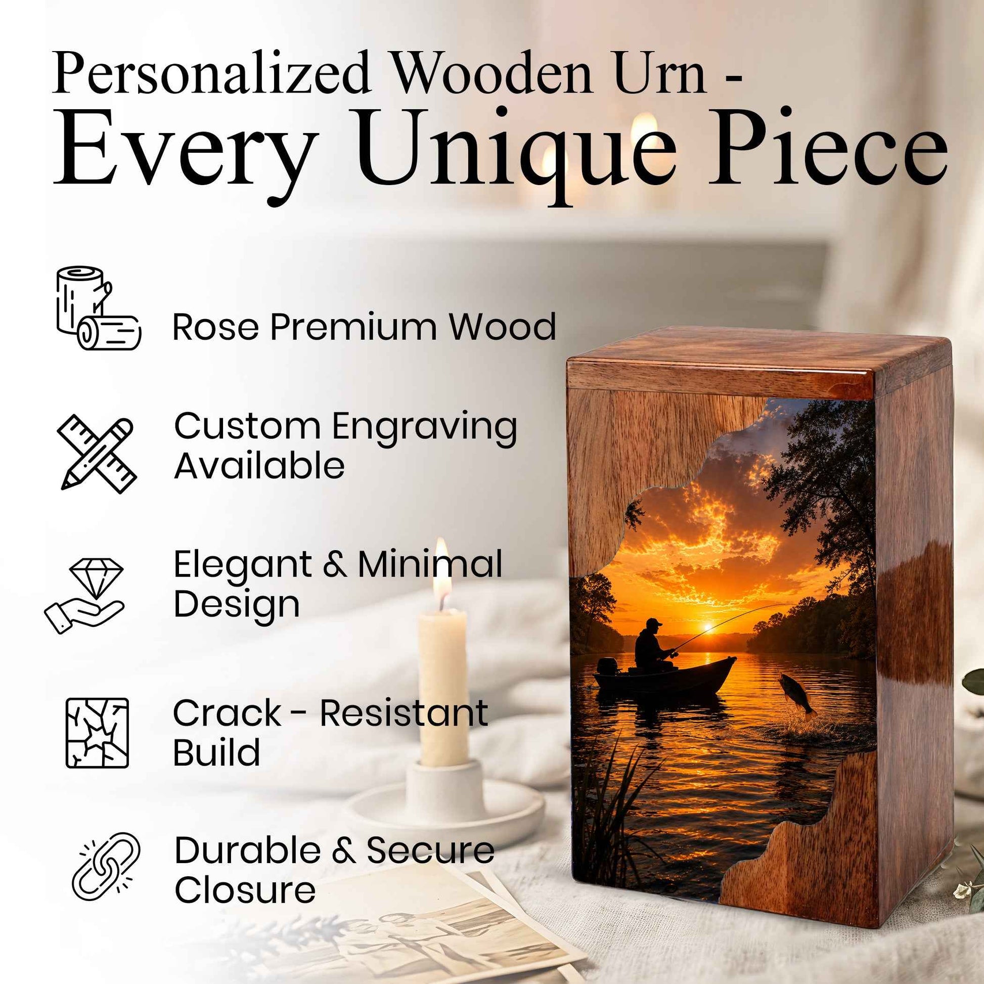 Sunset Fishing Wooden Cremation Urn – Gone Fishing Memorial Urn for Human Ashes