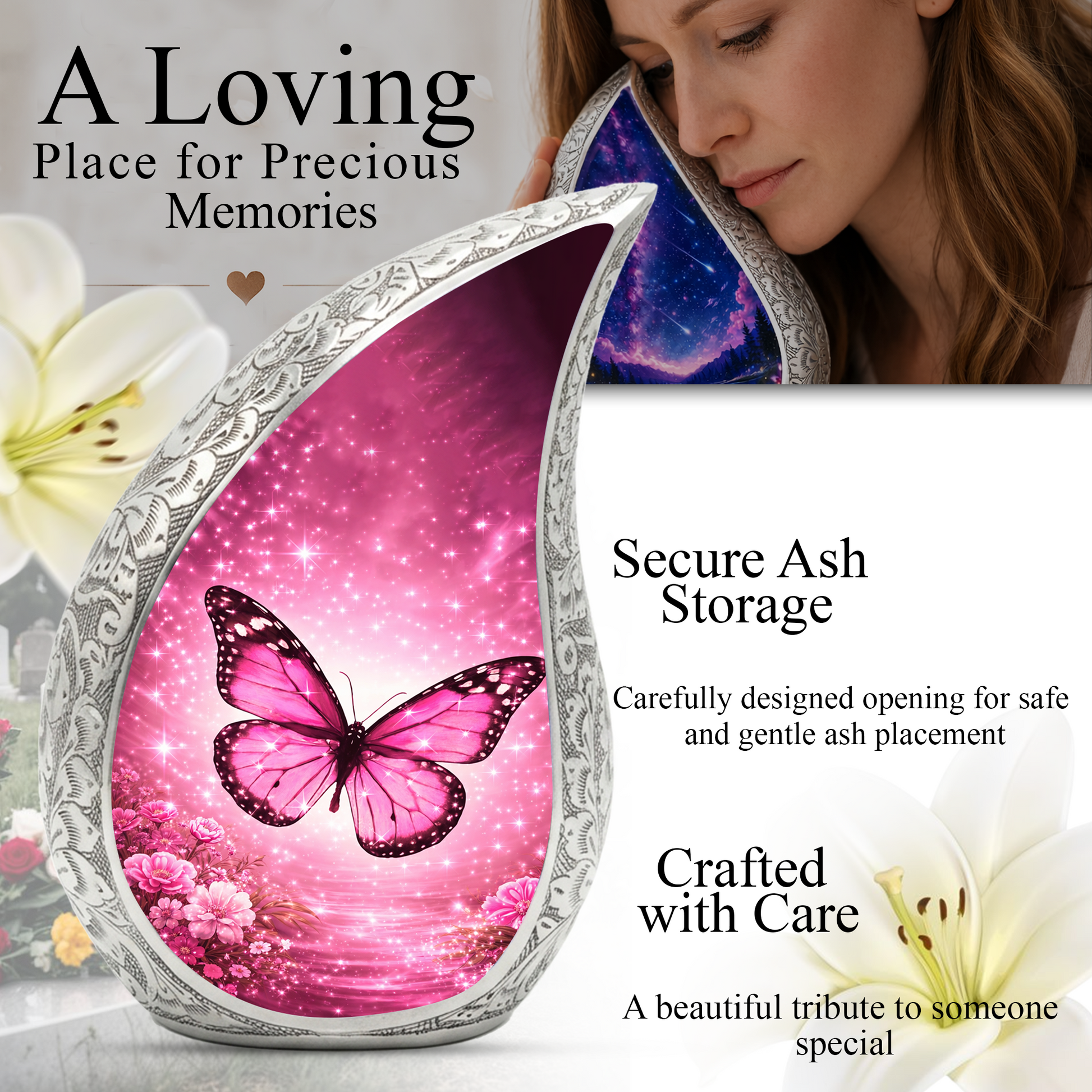 Beautiful Pink Butterfly Flower Cremation Urn for Adult Ashes