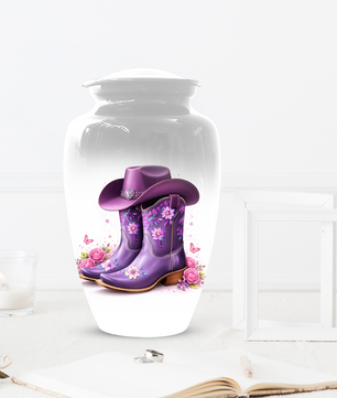 Personalized Cowgirl Cremation Urn for Mom | Purple Cowboy Boots Memorial Urn for Human Ashes