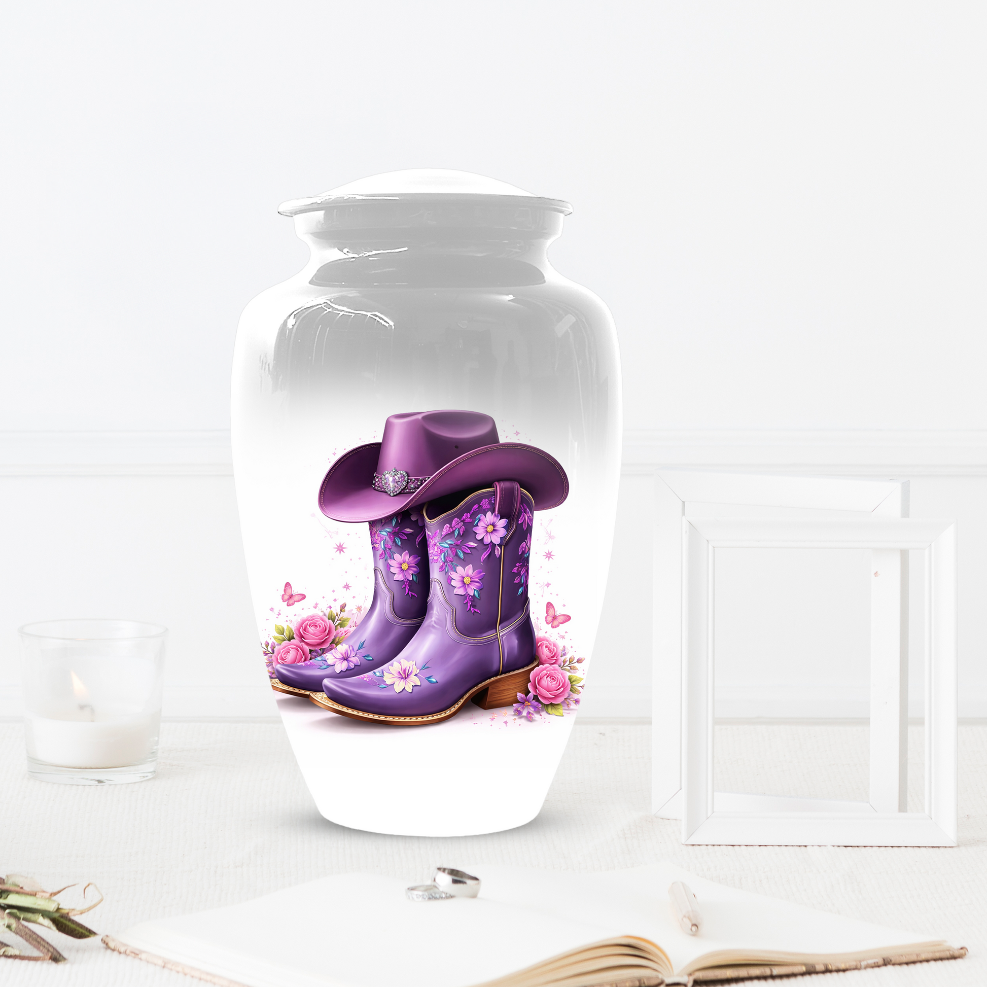 Personalized Cowgirl Cremation Urn for Mom | Purple Cowboy Boots Memorial Urn for Human Ashes
