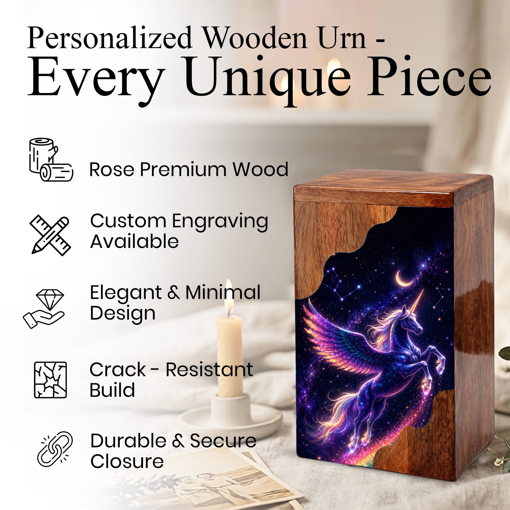 Pegasus Unicorn Wooden Cremation Urn – Wooden Urn for Human Ashes