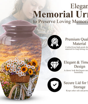 Flower Urn for Mom, Floral Cremation Large Urn for Ashes, Daisy & Sunflower Memorial Urn for Women