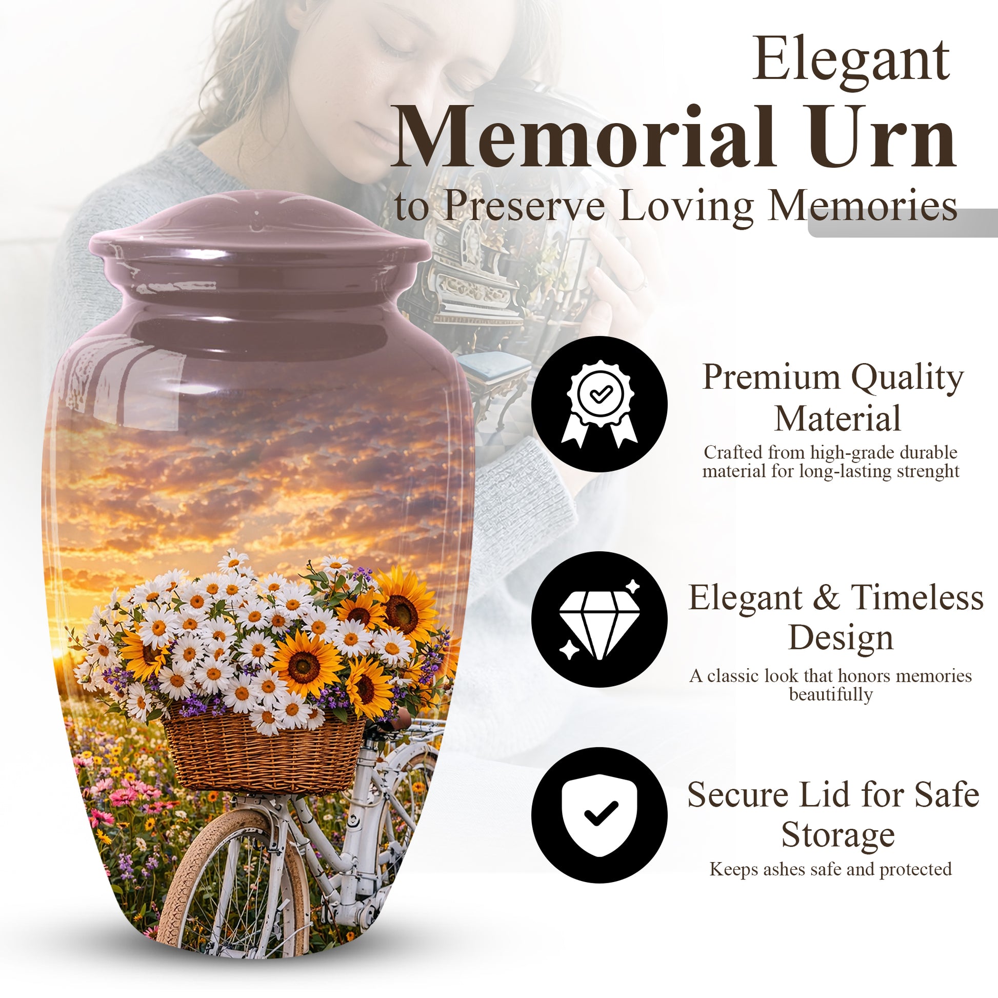 Flower Urn for Mom, Floral Cremation Large Urn for Ashes, Daisy & Sunflower Memorial Urn for Women