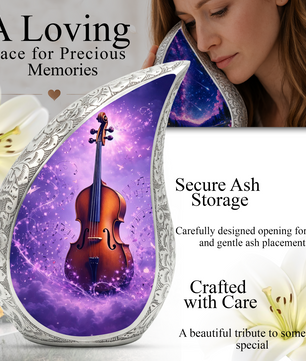 Personalized Violin Cremation Urn – Custom Music Memorial Urn for Ashes, Teardrop Aluminum Adult Urn, 10 Inch