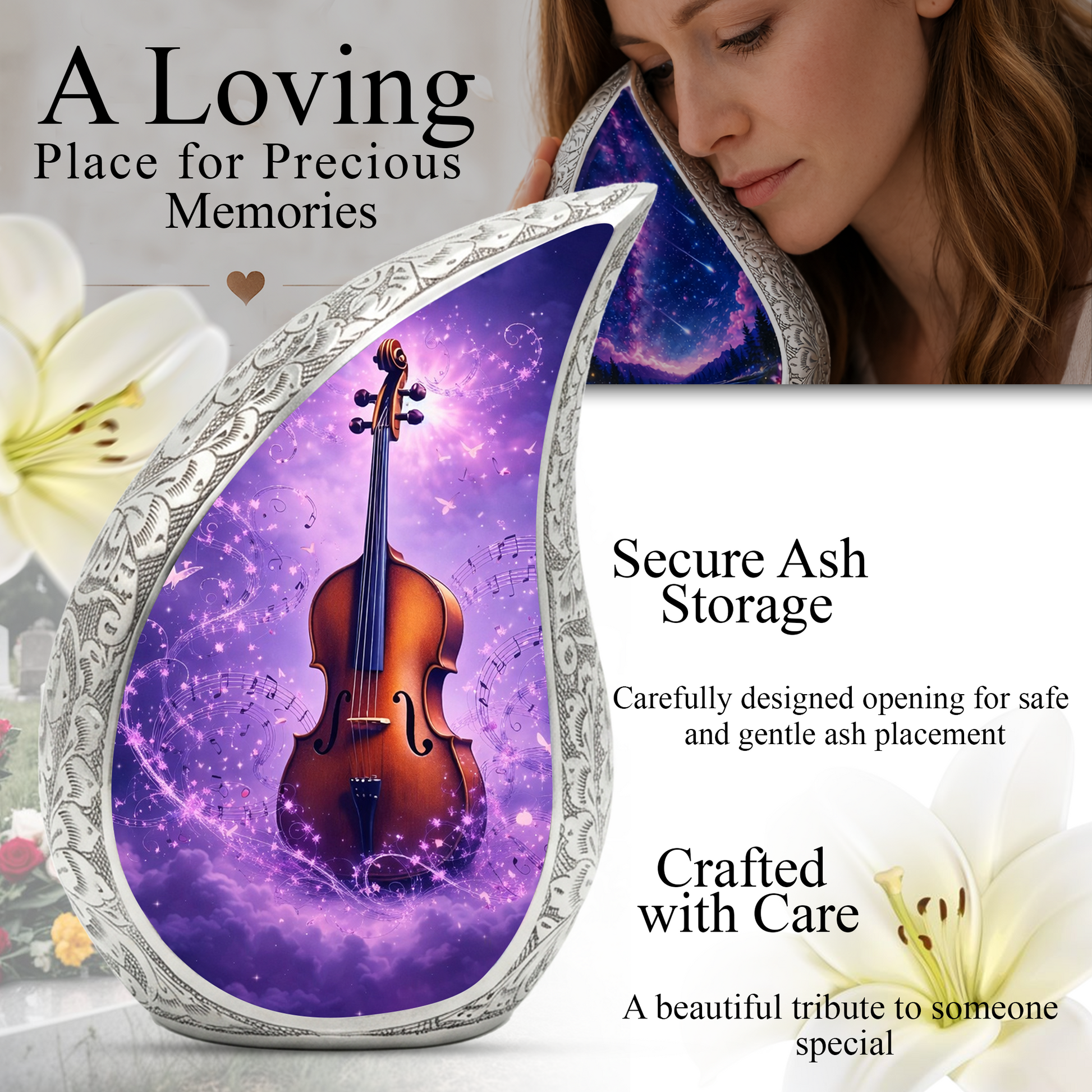 Personalized Violin Cremation Urn – Custom Music Memorial Urn for Ashes, Teardrop Aluminum Adult Urn, 10 Inch