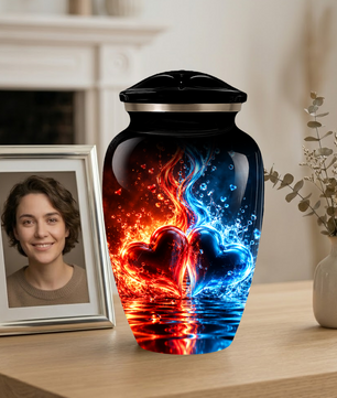 Red and Blue Heart Cremation Urn for Adult Ashes, Personalized Memorial Urn with Fire and Water Design