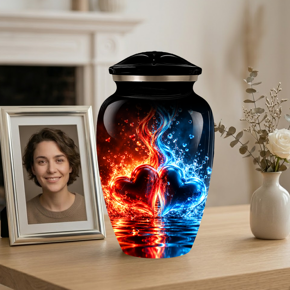 Red and Blue Heart Cremation Urn for Adult Ashes, Personalized Memorial Urn with Fire and Water Design
