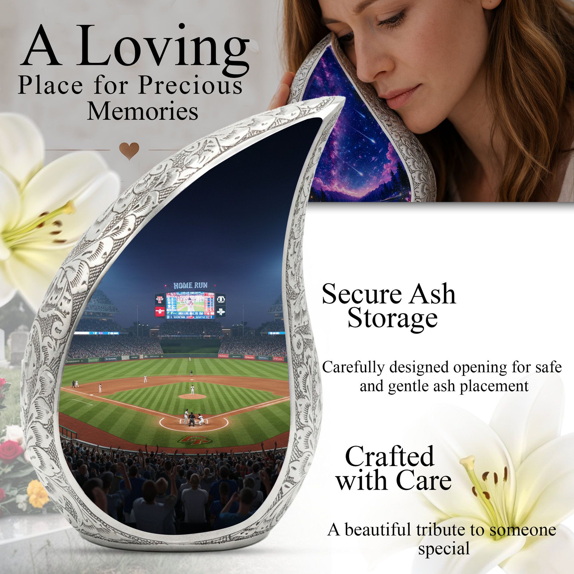 Baseball Personalized Cremation Urn for Dad – Teardrop Style Aluminum Memorial Urn, 10 Inch