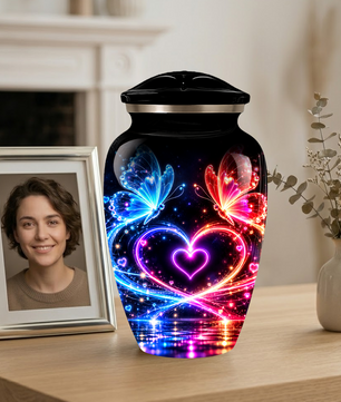 Personalized Butterfly Cremation Urn for Ashes, Heart Memorial Adult Urn, Blue and Red Cremation Urn