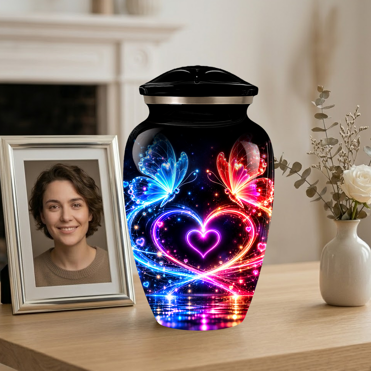 Personalized Butterfly Cremation Urn for Ashes, Heart Memorial Adult Urn, Blue and Red Cremation Urn