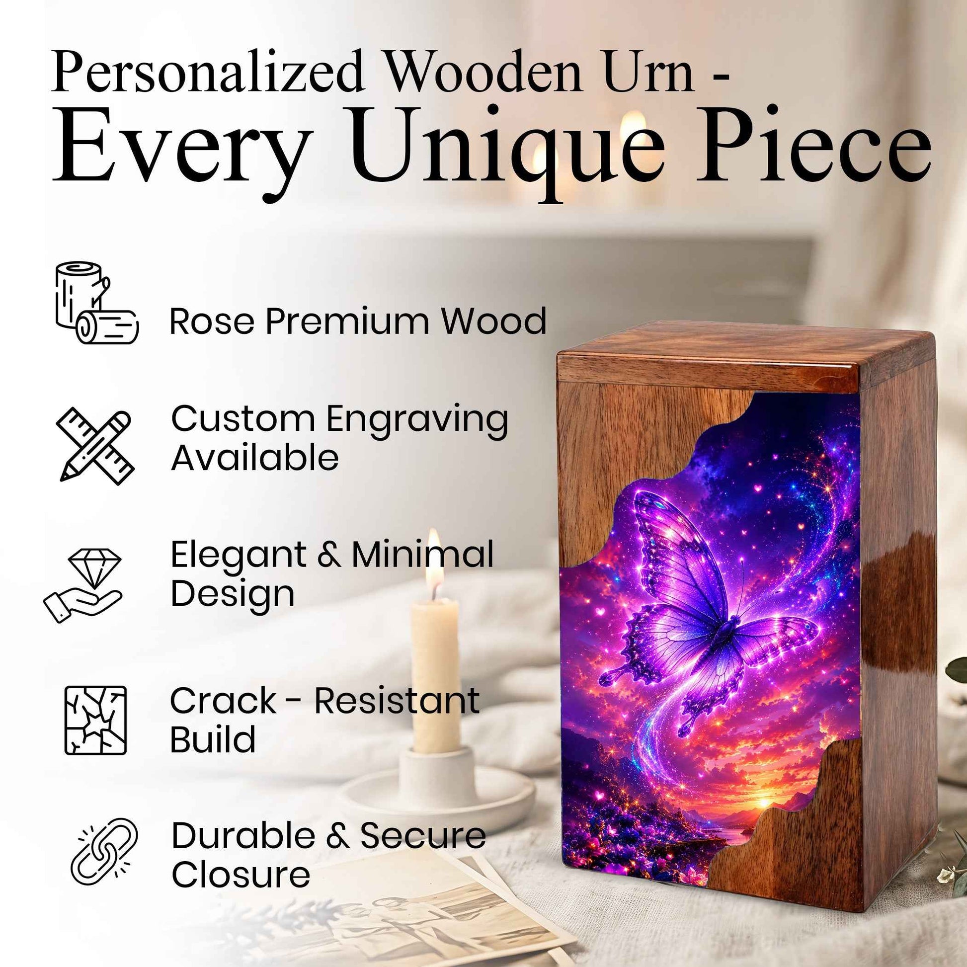 Butterfly Urn, Wooden Cremation Urn for Human Ashes