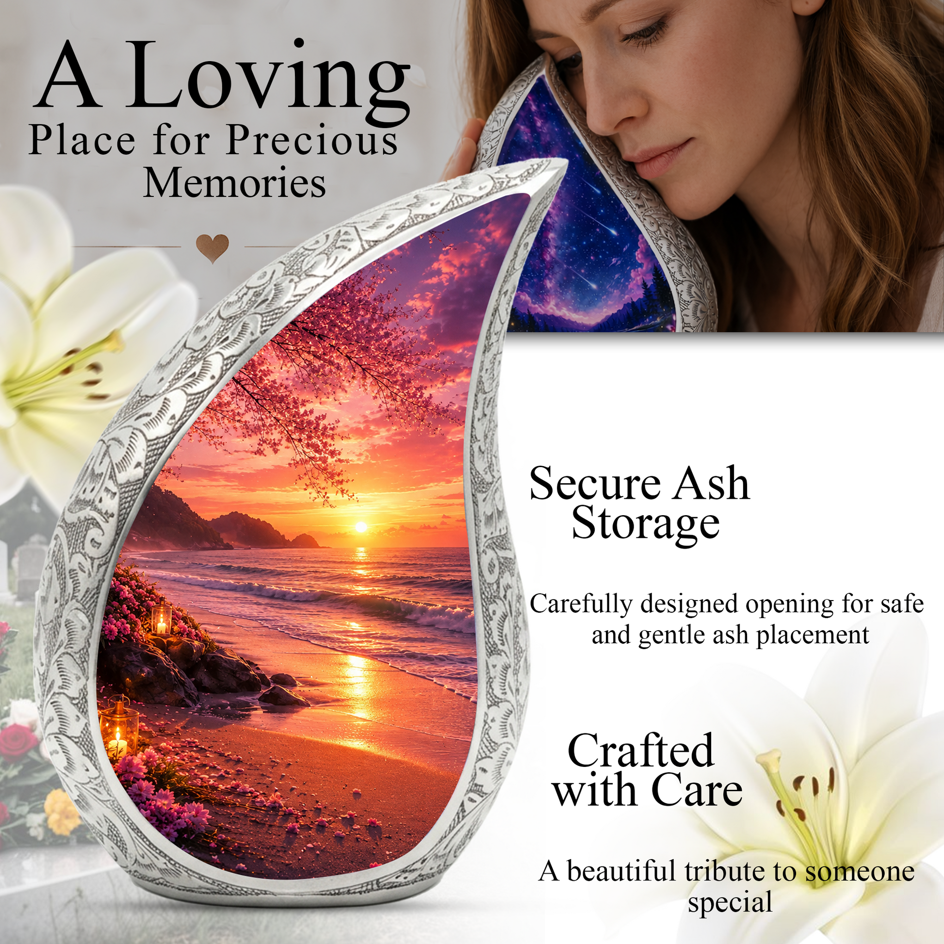 Ocean Beach Sunset Urn for Human Ashes | Beach Cremation Urn with Palm Tree