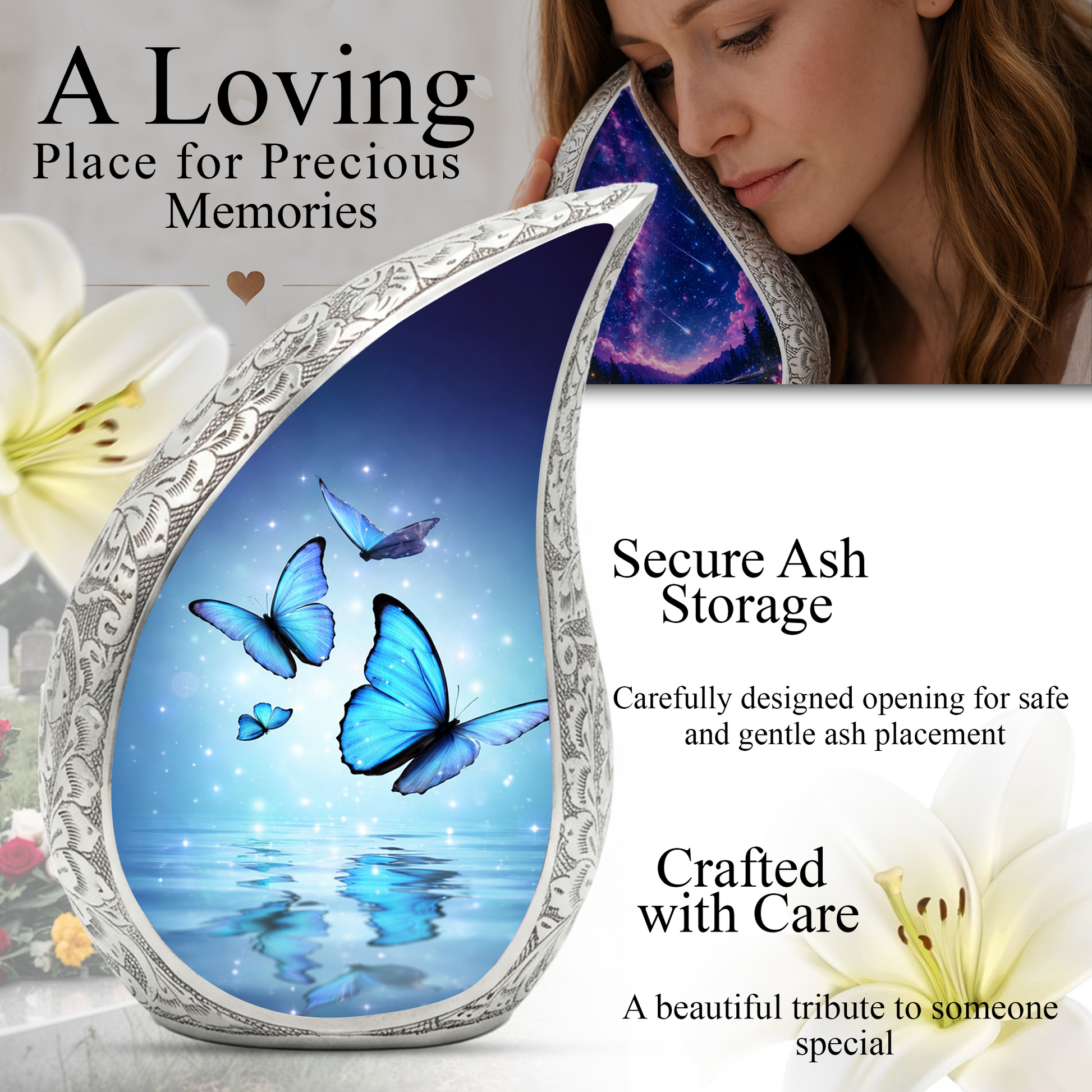 Blue Butterfly Urn for Human Ashes | Urn for Mom | Butterfly Cremation Urn