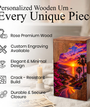 Beach Wooden Cremation Urn for Human Ashes | Coastal Sunset Memorial Urn
