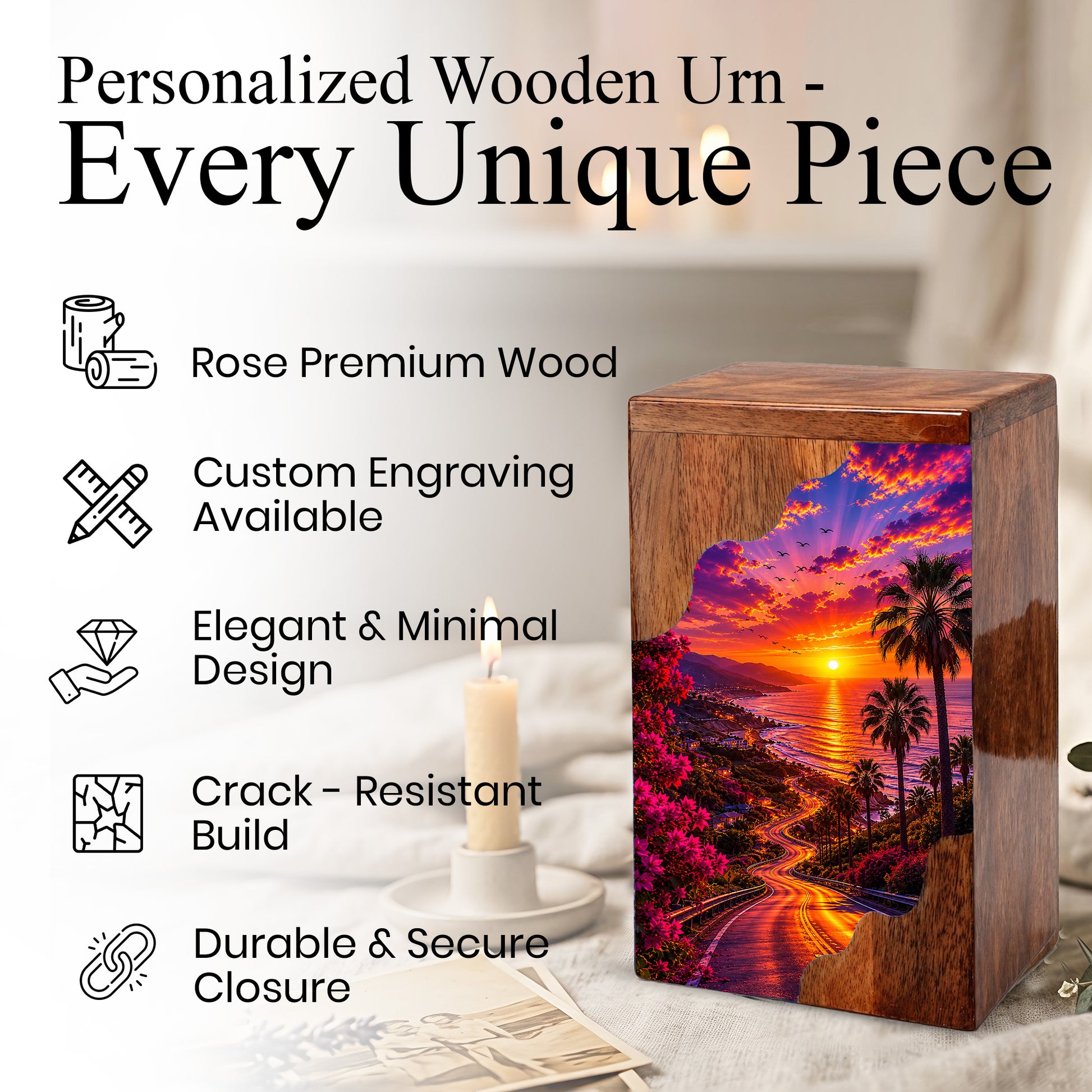 Beach Wooden Cremation Urn for Human Ashes | Coastal Sunset Memorial Urn