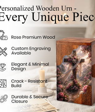Floral Cross Wooden Cremation Urn – Christian Memorial Urn | Wooden Urn for Human Ashes