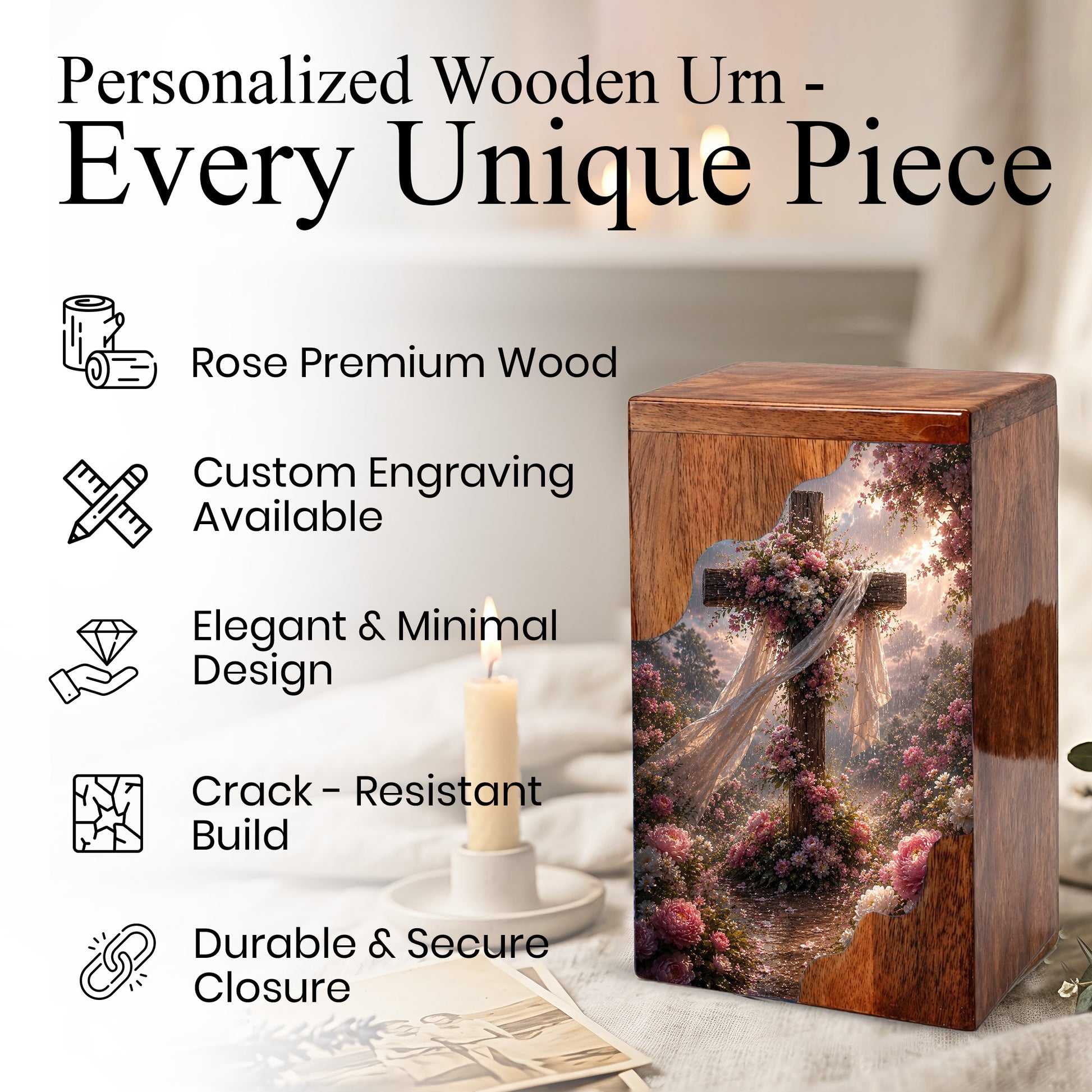 Floral Cross Wooden Cremation Urn – Christian Memorial Urn | Wooden Urn for Human Ashes