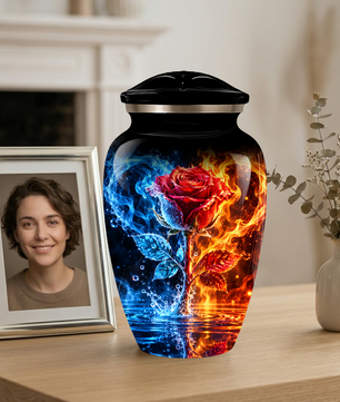 Red Rose Cremation Urn for Adult Ashes – Blue and Orange Flame Memorial Urn