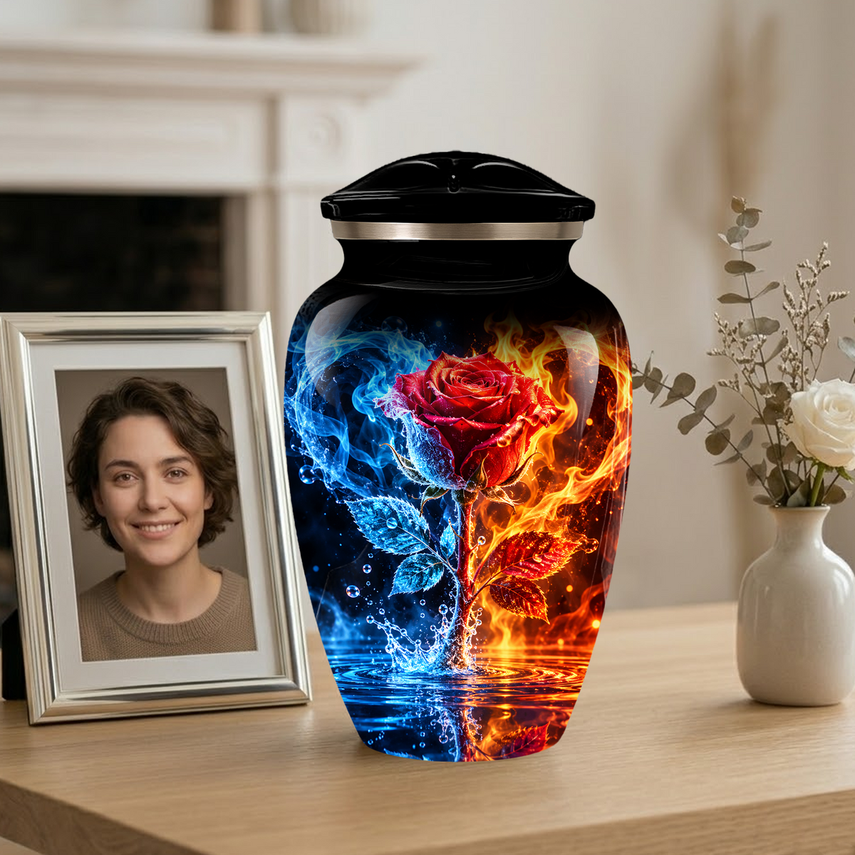 Red Rose Cremation Urn for Adult Ashes – Blue and Orange Flame Memorial Urn
