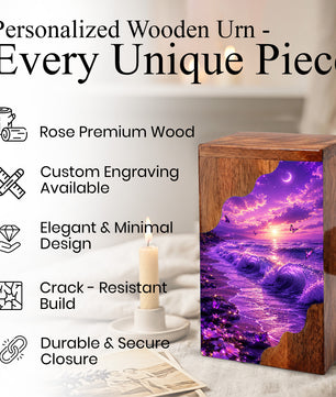 Moonlit Ocean Butterfly Wooden Cremation Urn – Beach Theme Wooden Urn for Human Ashes