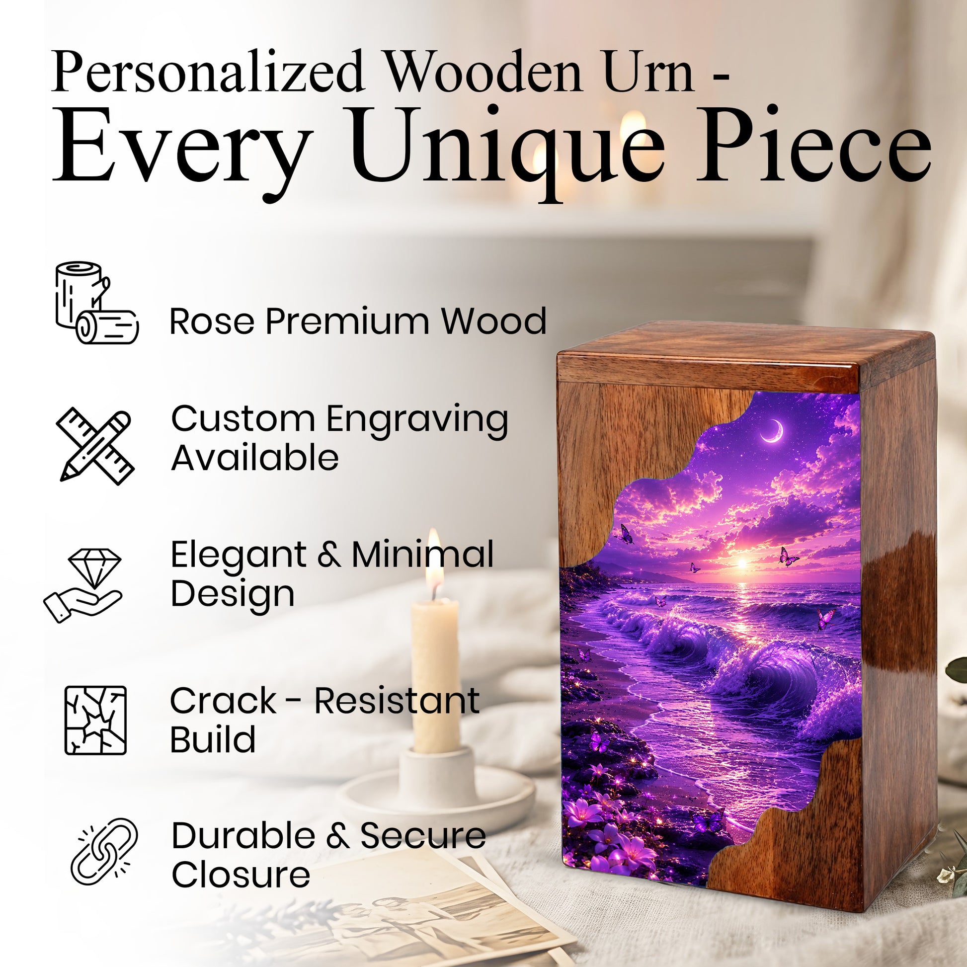 Moonlit Ocean Butterfly Wooden Cremation Urn – Beach Theme Wooden Urn for Human Ashes