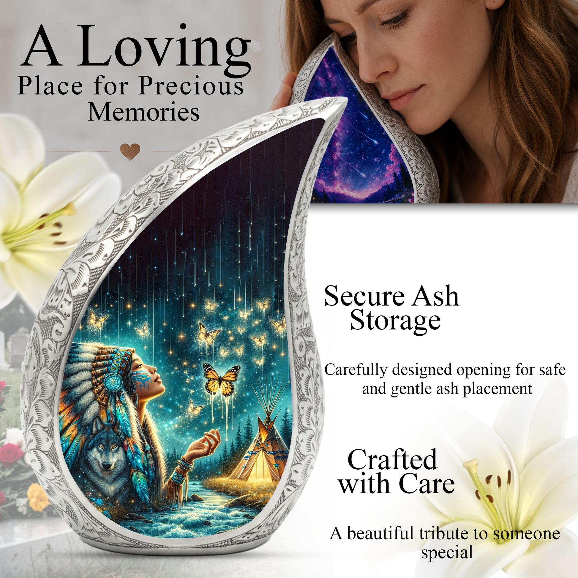 Native American Woman Butterfly Urn for Mom – Personalized Butterfly Cremation Urn for Human Ashes
