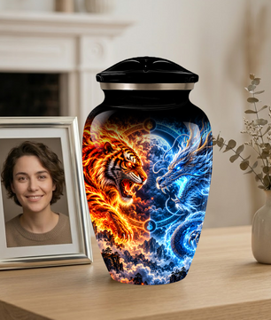 Personalized Adult Cremation Urn for Ashes, Fire and Ice Tiger and Dragon Memorial Urn