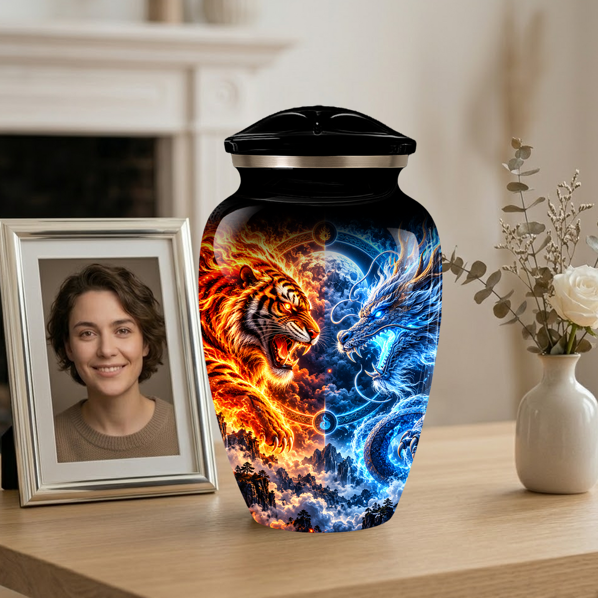Personalized Adult Cremation Urn for Ashes, Fire and Ice Tiger and Dragon Memorial Urn