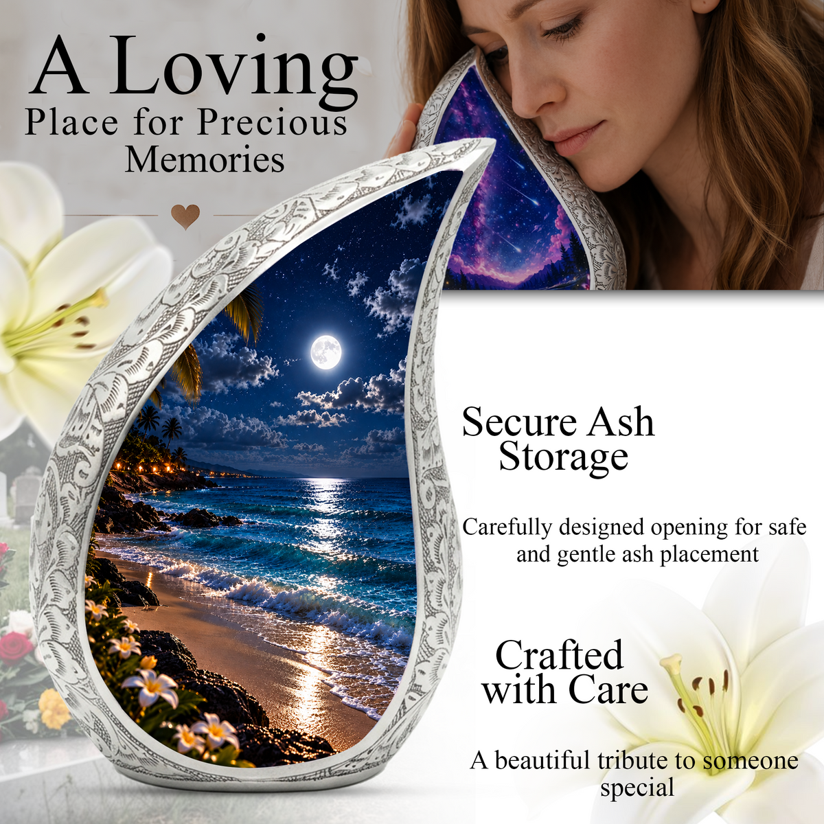 Moonlit Beach Cremation Urn for Ashes, Personalized Ocean Adult Urn