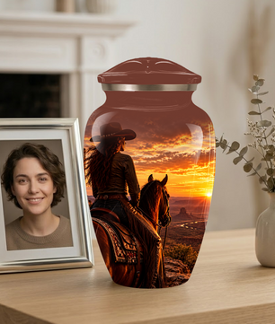 Personalized Adult Cremation Urn for Ashes, Custom Memorial Urn, Western Cowboy Horse Sunset Design