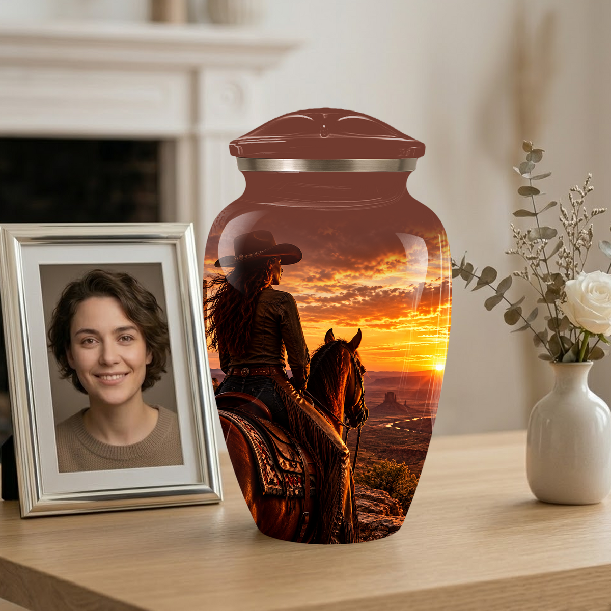 Personalized Adult Cremation Urn for Ashes, Custom Memorial Urn, Western Cowboy Horse Sunset Design