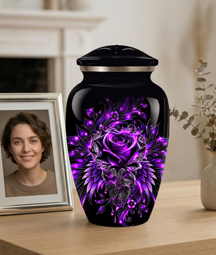 Purple Rose Adult Urn for Ashes – Gothic Floral Design Black Cremation Urn for Adults