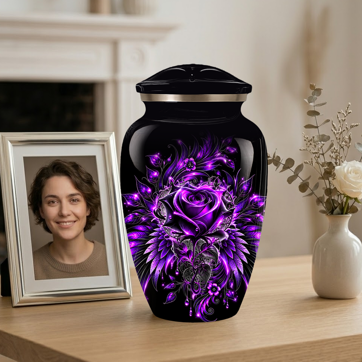 Purple Rose Adult Urn for Ashes – Gothic Floral Design Black Cremation Urn for Adults