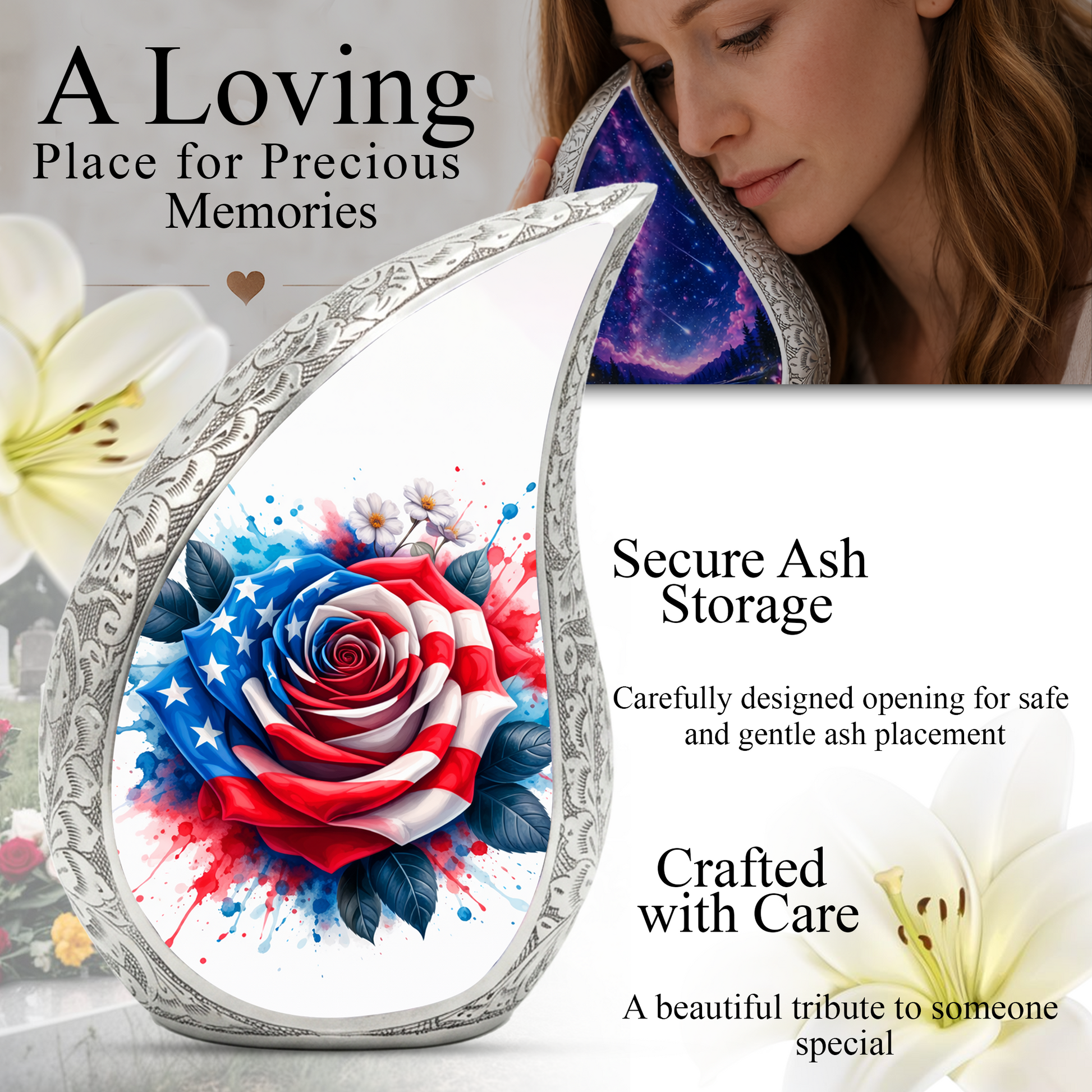 American Flag Rose Adult Cremation Urn,Personalized Memorial Urn for Mom or Dad